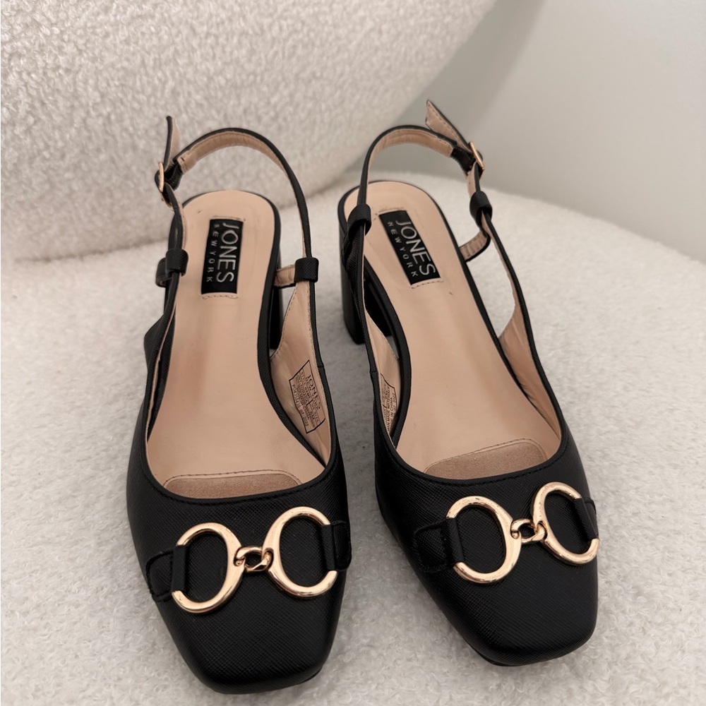 Jones New York Black Slingback Mules with Gold Rings